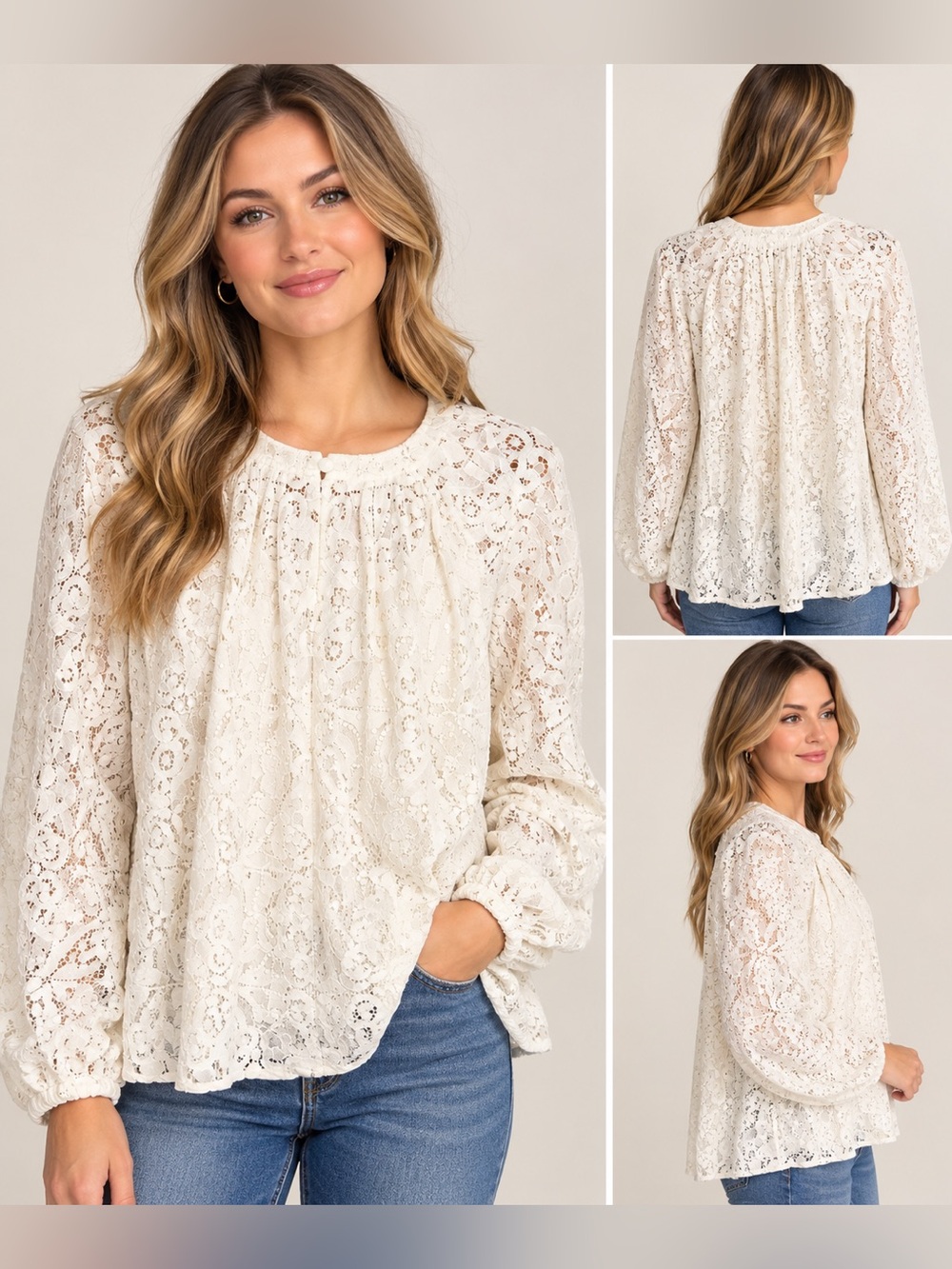 NWT LOFT Ivory White Floral Lace Long Sleeve Peasant With Cami Blouse